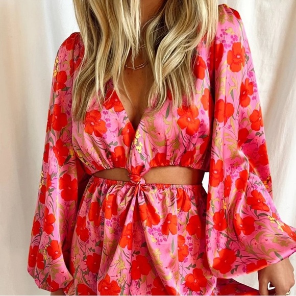 Women’s SHOW ME YOUR MUMU Christina Mini Floral cutout long sleeve dress- Size L - Picture 2 of 8